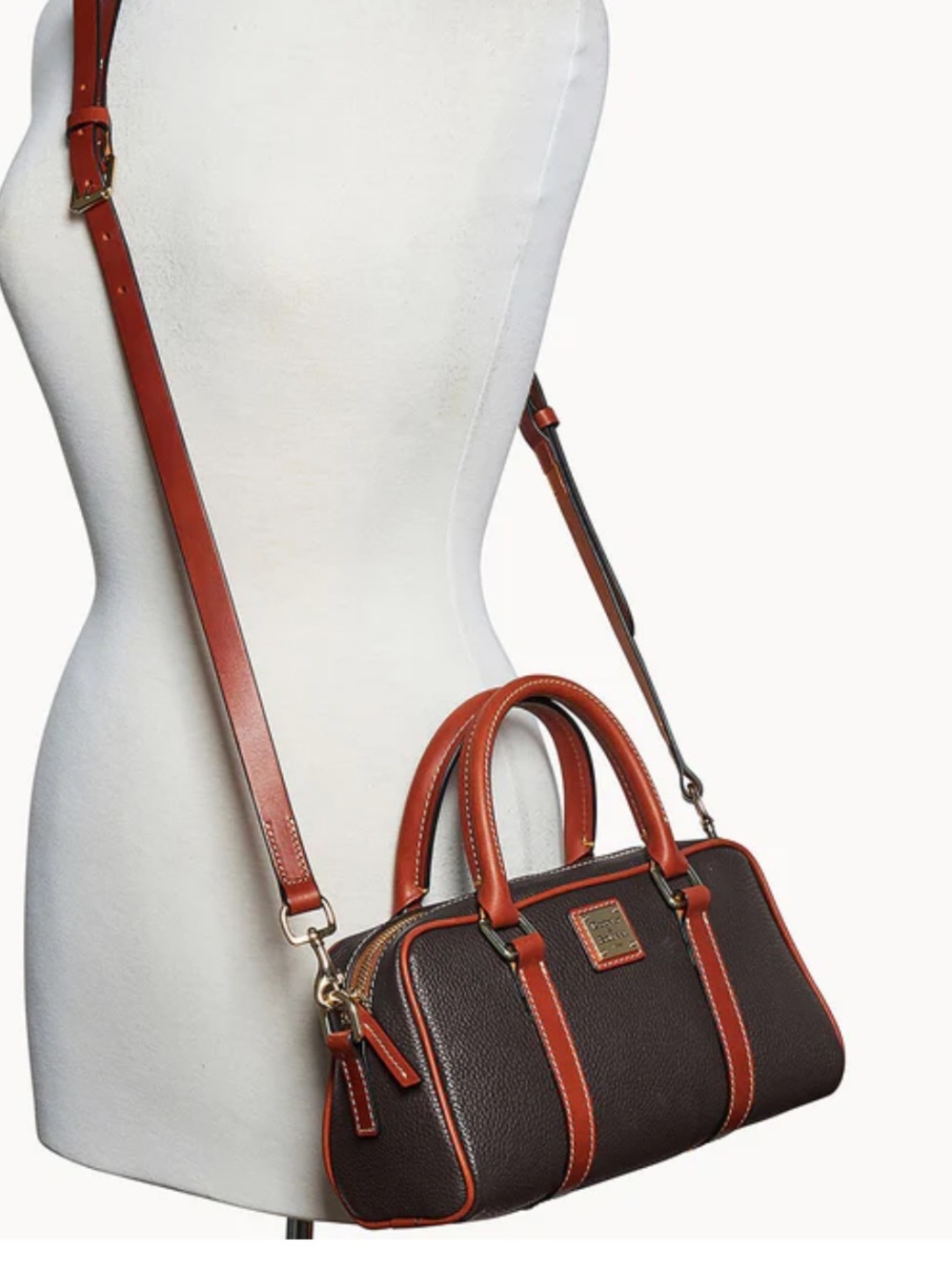 Dooney & Bourke Black Pebble Grain Satchel with Cognac Trim Small